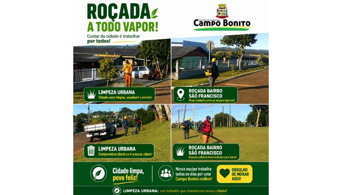 Campo Bonito - Departamento de Urbanismo intensifica os trabalhos de roçada e limpeza urbana